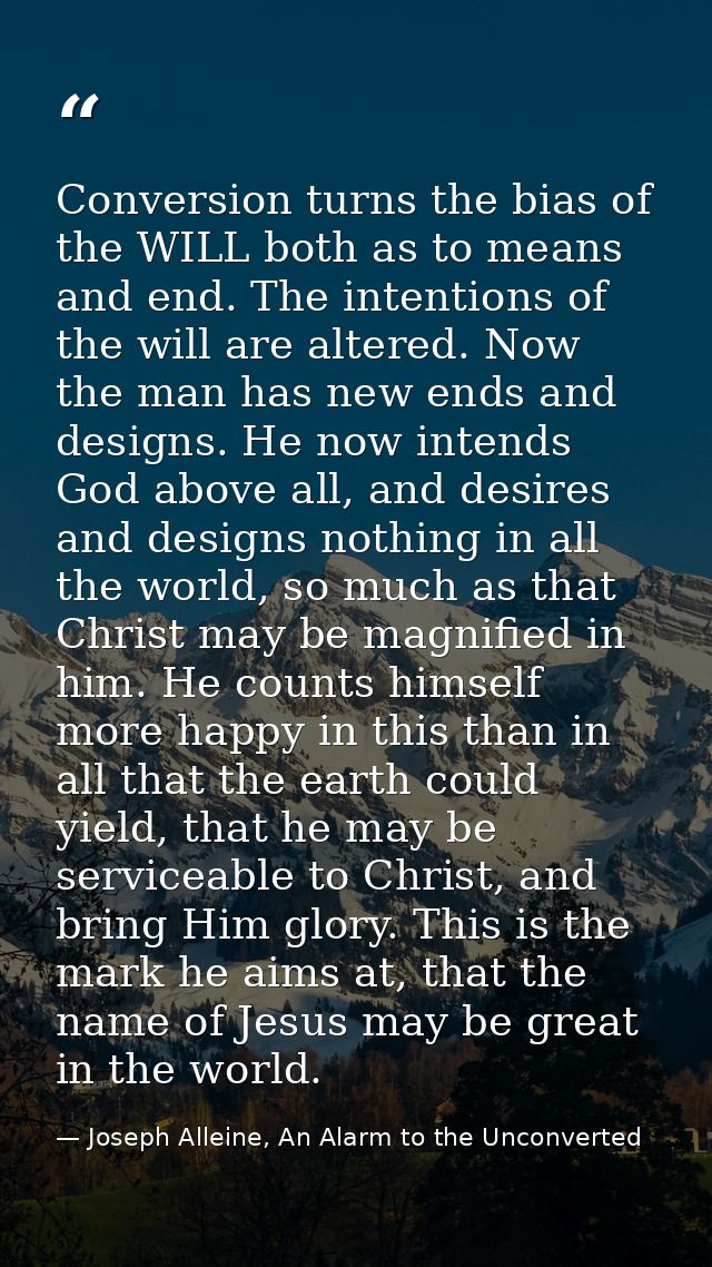 Conversion turns the bias of the WILL both as to means and end. The intentions of the will are altered. Now the man has  — Joseph Alleine, An Alarm to the Unconverted