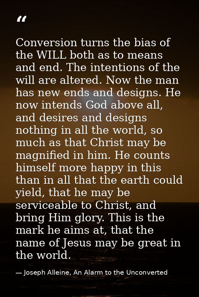 Conversion turns the bias of the WILL both as to means and end. The intentions of the will are altered. Now the man has  — Joseph Alleine, An Alarm to the Unconverted