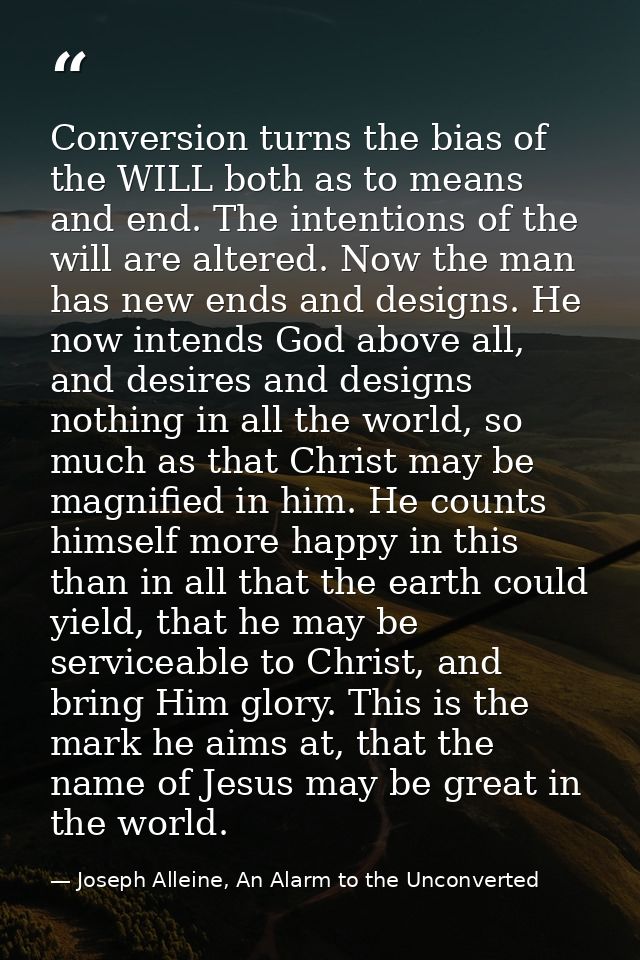 Conversion turns the bias of the WILL both as to means and end. The intentions of the will are altered. Now the man has  — Joseph Alleine, An Alarm to the Unconverted