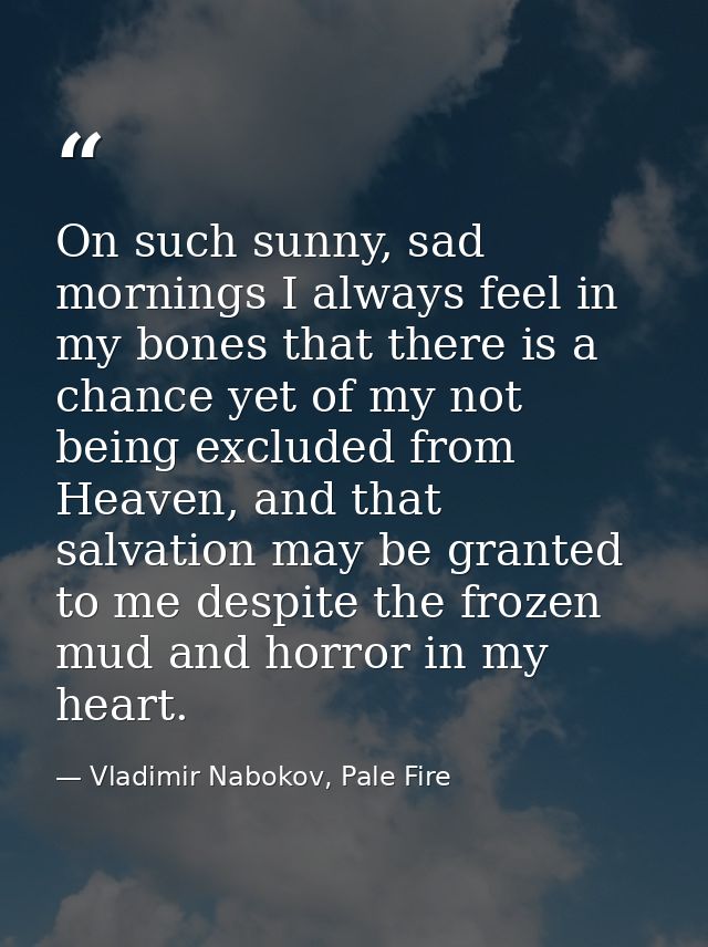 On such sunny, sad mornings I always feel in my bones that there is a chance yet of my not being excluded from Heaven, a — Vladimir Nabokov, Pale Fire