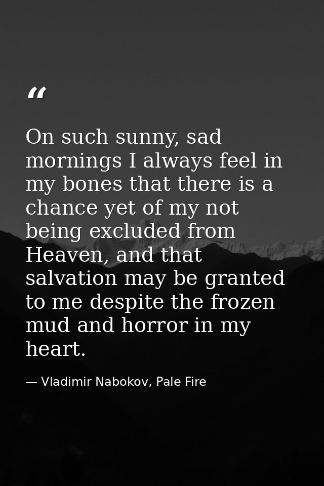 On such sunny, sad mornings I always feel in my bones that there is a chance yet of my not being excluded from Heaven, a — Vladimir Nabokov, Pale Fire