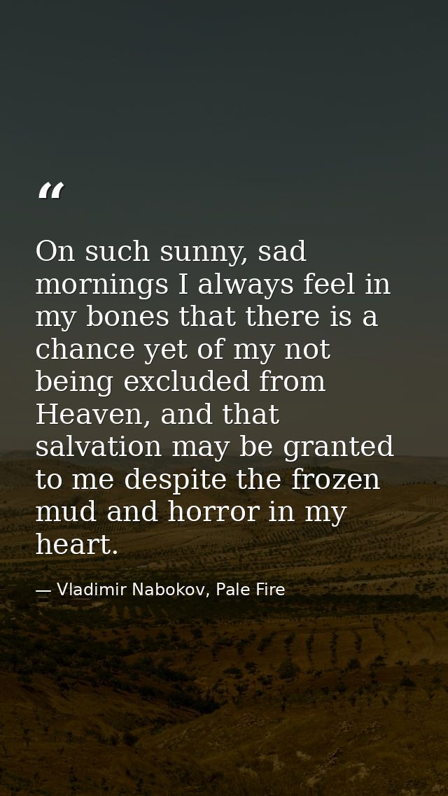 On such sunny, sad mornings I always feel in my bones that there is a chance yet of my not being excluded from Heaven, a — Vladimir Nabokov, Pale Fire
