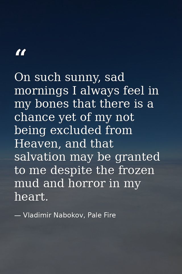 On such sunny, sad mornings I always feel in my bones that there is a chance yet of my not being excluded from Heaven, a — Vladimir Nabokov, Pale Fire