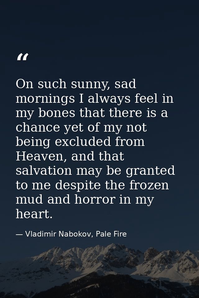 On such sunny, sad mornings I always feel in my bones that there is a chance yet of my not being excluded from Heaven, a — Vladimir Nabokov, Pale Fire