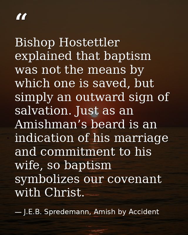 Bishop Hostettler explained that baptism was not the means by which one is saved, but simply an outward sign of salvatio — J.E.B. Spredemann, Amish by Accident