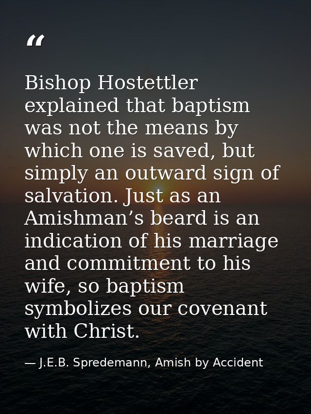 Bishop Hostettler explained that baptism was not the means by which one is saved, but simply an outward sign of salvatio — J.E.B. Spredemann, Amish by Accident