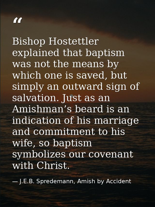 Bishop Hostettler explained that baptism was not the means by which one is saved, but simply an outward sign of salvatio — J.E.B. Spredemann, Amish by Accident