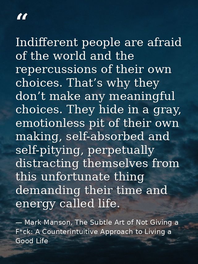 Indifferent people are afraid of the world and the repercussions of their own choices. That’s why they don’t make any me — Mark Manson, The Subtle Art of Not Giving a F*ck: A Counterintuitive Approach to Living a Good Life