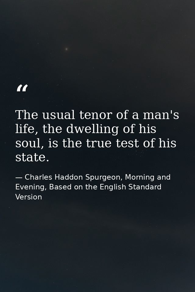 The usual tenor of a man's life, the dwelling of his soul, is the true test of his state. — Charles Haddon Spurgeon, Morning and Evening, Based on the English Standard Version