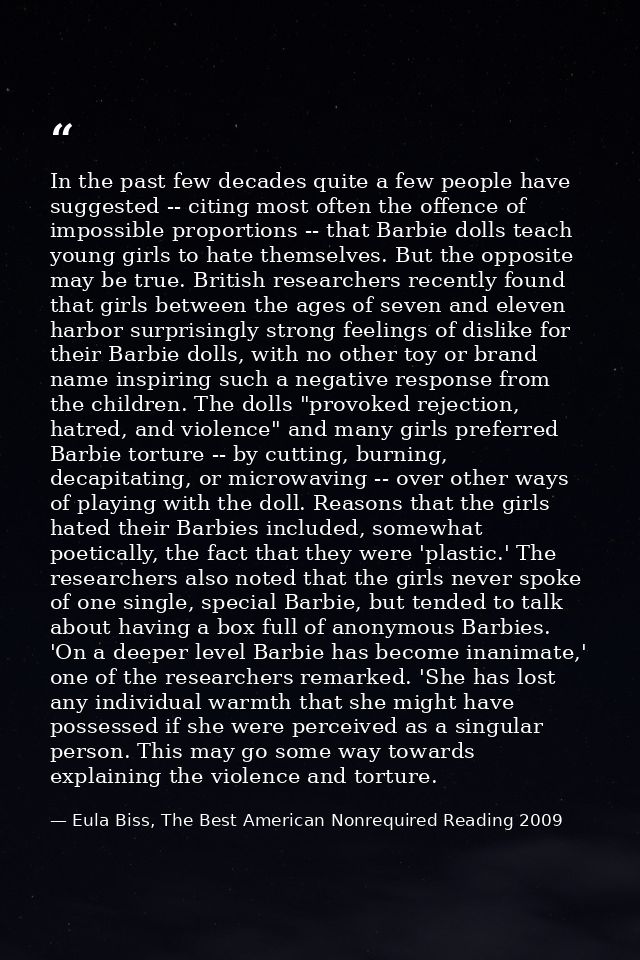 In the past few decades quite a few people have suggested -- citing most often the offence of impossible proportions --  — Eula Biss, The Best American Nonrequired Reading 2009