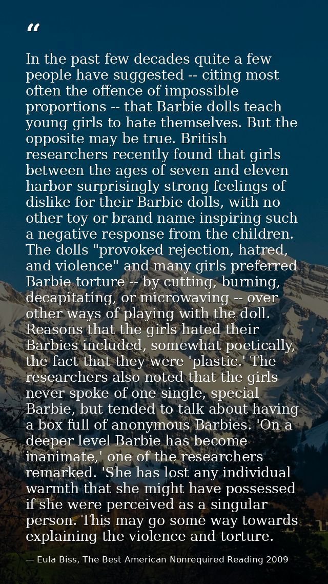 In the past few decades quite a few people have suggested -- citing most often the offence of impossible proportions --  — Eula Biss, The Best American Nonrequired Reading 2009