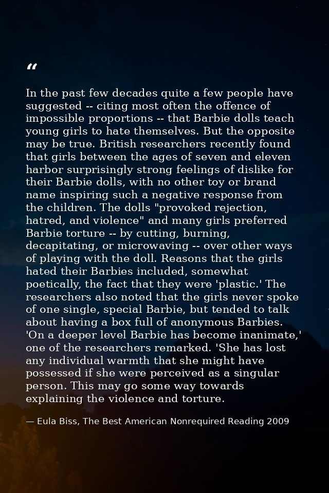 In the past few decades quite a few people have suggested -- citing most often the offence of impossible proportions --  — Eula Biss, The Best American Nonrequired Reading 2009