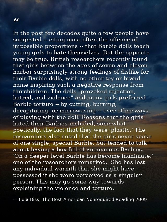 In the past few decades quite a few people have suggested -- citing most often the offence of impossible proportions --  — Eula Biss, The Best American Nonrequired Reading 2009