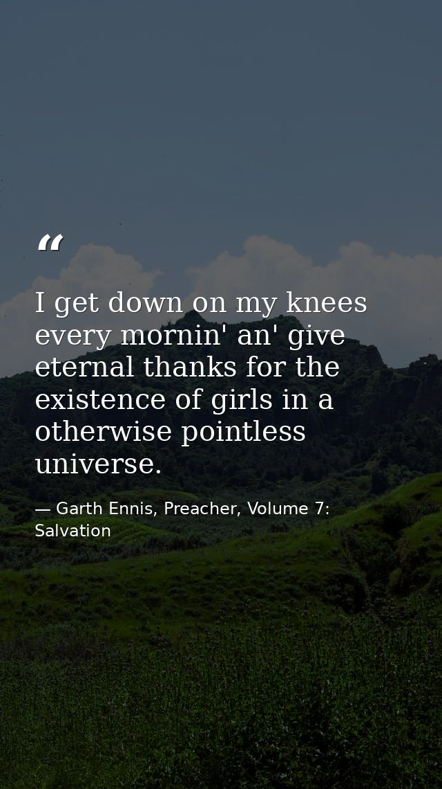 I get down on my knees every mornin' an' give eternal thanks for the existence of girls in a otherwise pointless univers — Garth Ennis, Preacher, Volume 7: Salvation