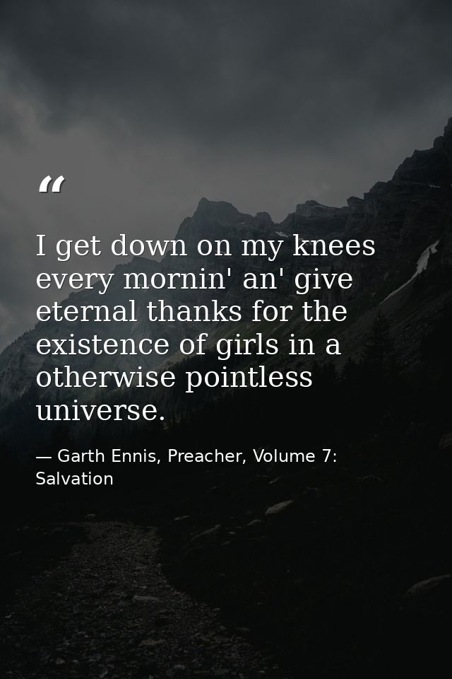 I get down on my knees every mornin' an' give eternal thanks for the existence of girls in a otherwise pointless univers — Garth Ennis, Preacher, Volume 7: Salvation