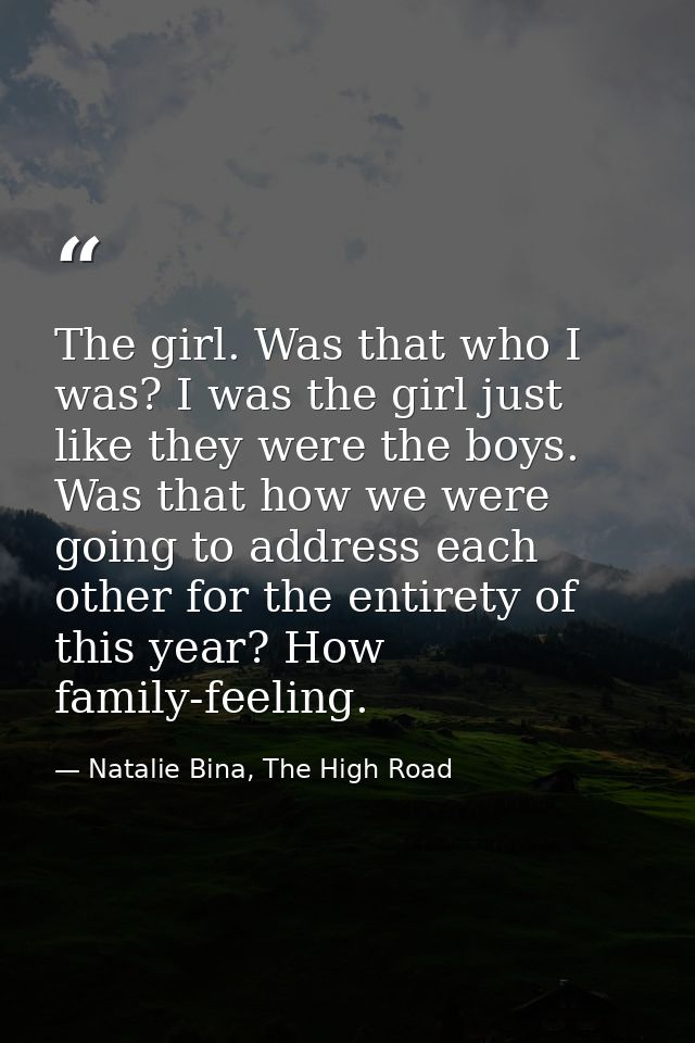 The girl. Was that who I was? I was the girl just like they were the boys. Was that how we were going to address each ot — Natalie Bina, The High Road