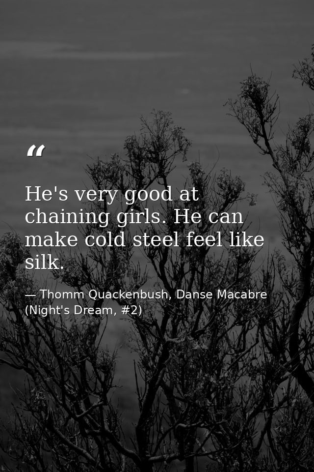 He's very good at chaining girls. He can make cold steel feel like silk. — Thomm Quackenbush, Danse Macabre (Night's Dream, #2)