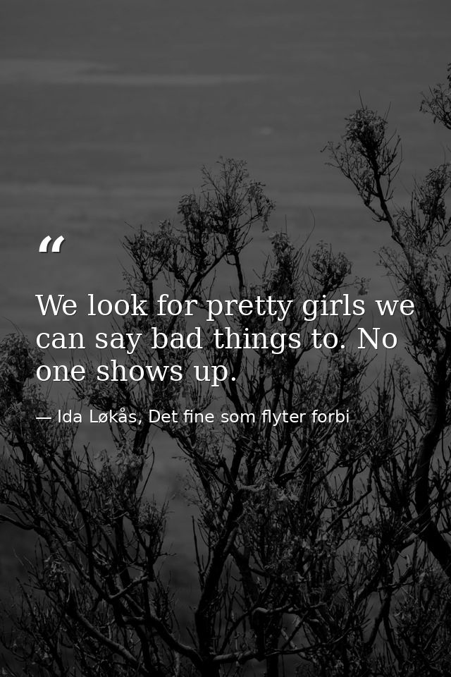 We look for pretty girls we can say bad things to. No one shows up. — Ida Løkås, Det fine som flyter forbi