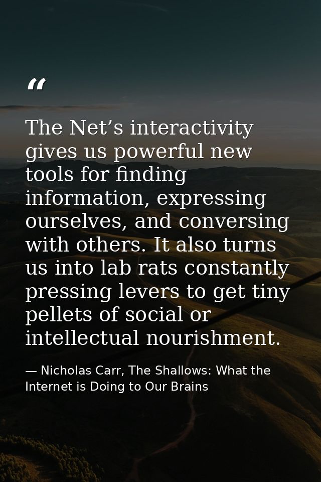 The Net’s interactivity gives us powerful new tools for finding information, expressing ourselves, and conversing with o — Nicholas Carr, The Shallows: What the Internet is Doing to Our Brains