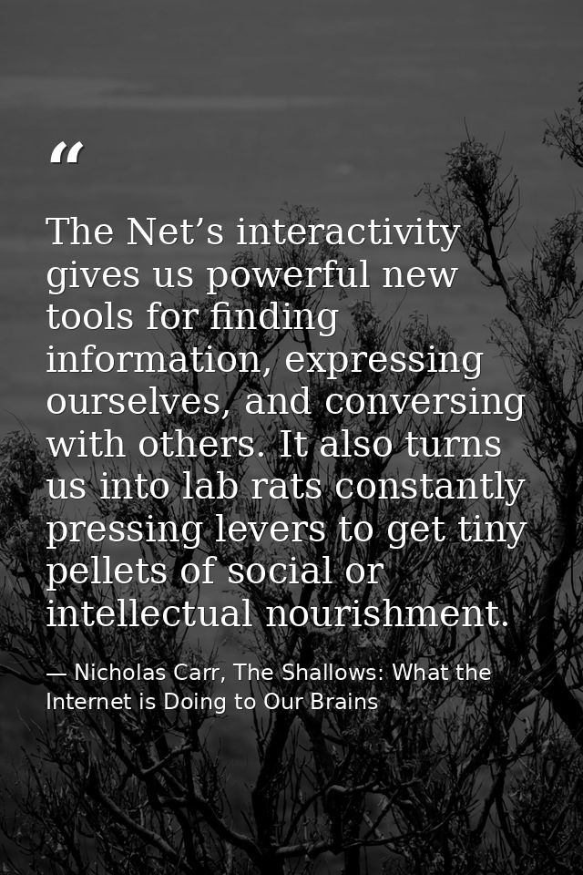 The Net’s interactivity gives us powerful new tools for finding information, expressing ourselves, and conversing with o — Nicholas Carr, The Shallows: What the Internet is Doing to Our Brains