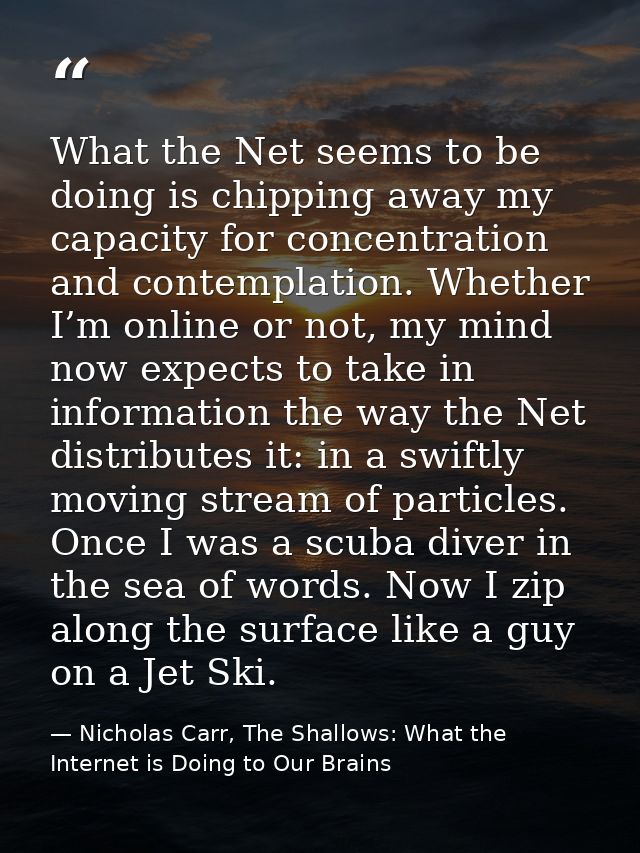What the Net seems to be doing is chipping away my capacity for concentration and contemplation. Whether I’m online or n — Nicholas Carr, The Shallows: What the Internet is Doing to Our Brains