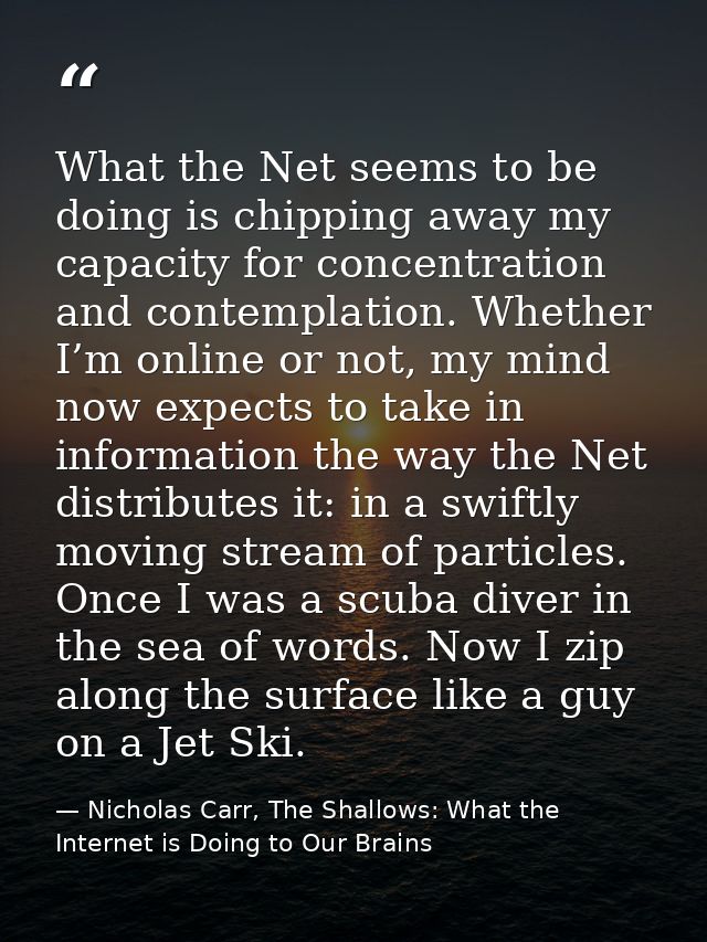 What the Net seems to be doing is chipping away my capacity for concentration and contemplation. Whether I’m online or n — Nicholas Carr, The Shallows: What the Internet is Doing to Our Brains