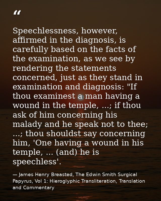 Speechlessness, however, affirmed in the diagnosis, is carefully based on the facts of the examination, as we see by ren — James Henry Breasted, The Edwin Smith Surgical Papyrus, Vol 1: Hieroglyphic Transliteration, Translation and Commentary