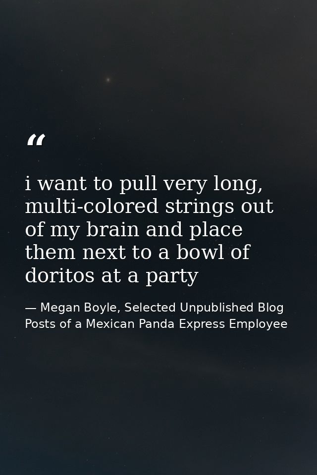 i want to pull very long, multi-colored strings out of my brain and place them next to a bowl of doritos at a party — Megan Boyle, Selected Unpublished Blog Posts of a Mexican Panda Express Employee