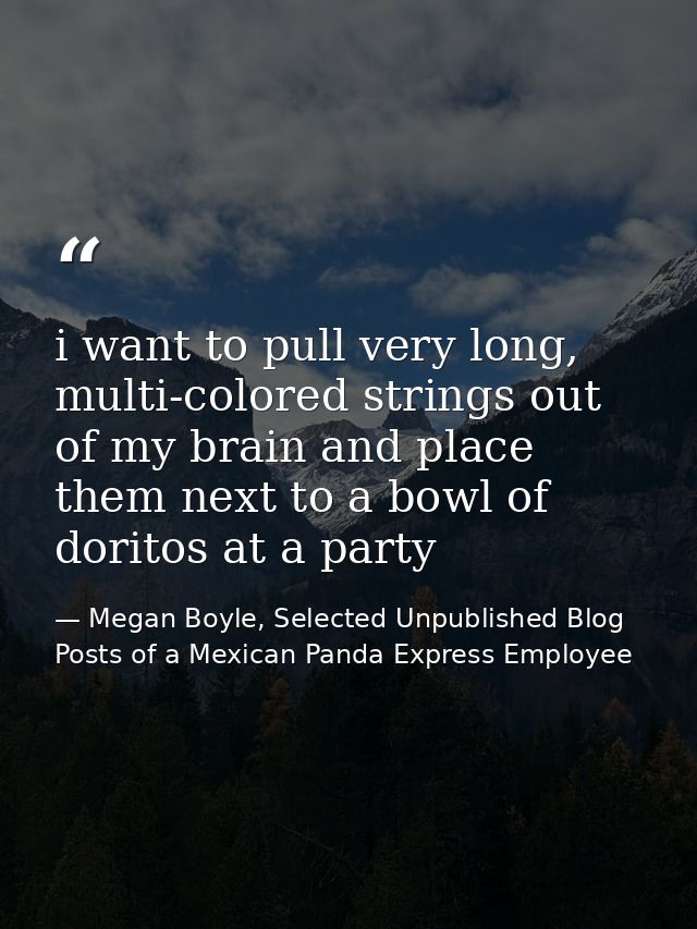 i want to pull very long, multi-colored strings out of my brain and place them next to a bowl of doritos at a party — Megan Boyle, Selected Unpublished Blog Posts of a Mexican Panda Express Employee