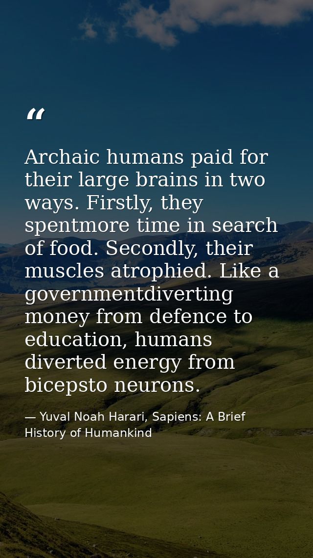 Archaic humans paid for their large brains in two ways. Firstly, they spentmore time in search of food. Secondly, their  — Yuval Noah Harari, Sapiens: A Brief History of Humankind