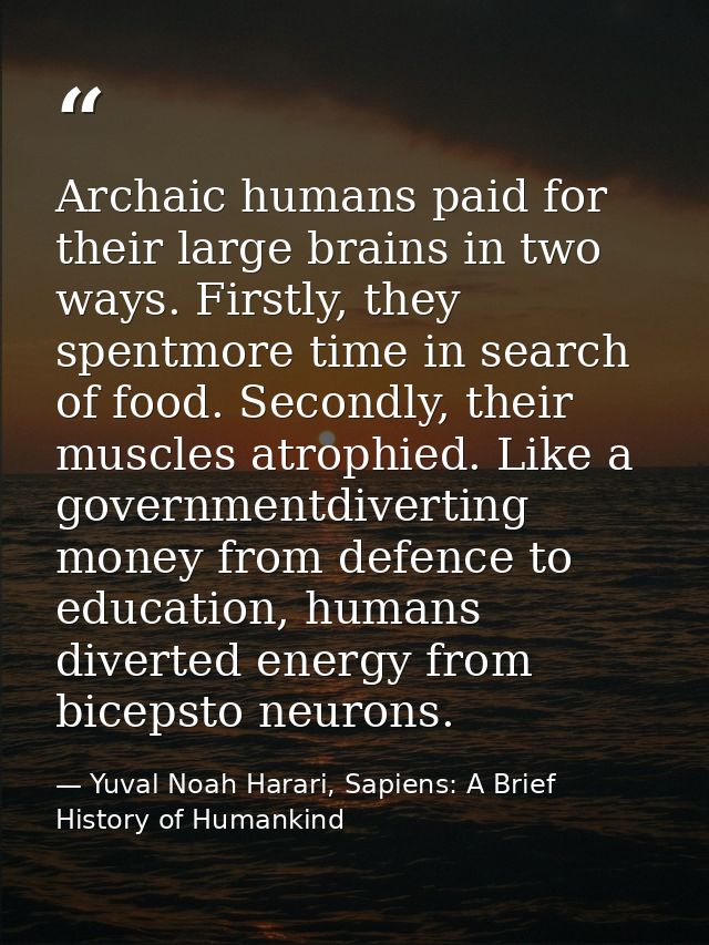 Archaic humans paid for their large brains in two ways. Firstly, they spentmore time in search of food. Secondly, their  — Yuval Noah Harari, Sapiens: A Brief History of Humankind