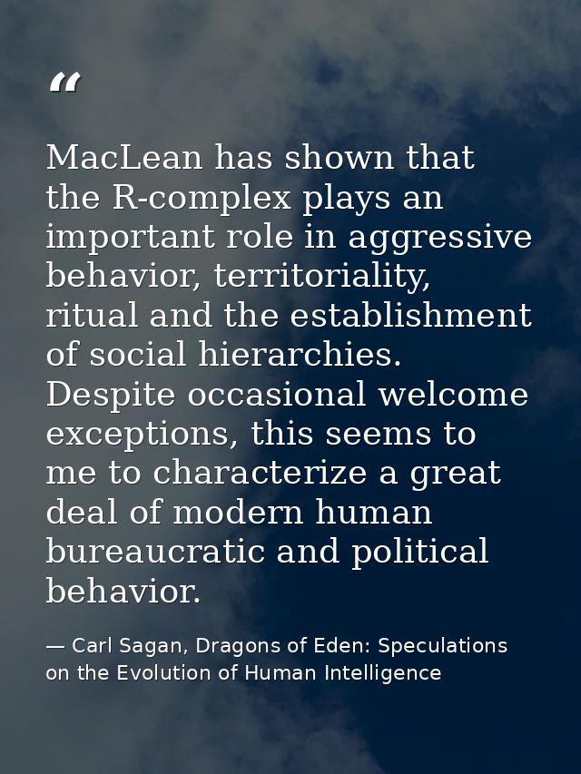 MacLean has shown that the R-complex plays an important role in aggressive behavior, territoriality, ritual and the esta — Carl Sagan, Dragons of Eden: Speculations on the Evolution of Human Intelligence