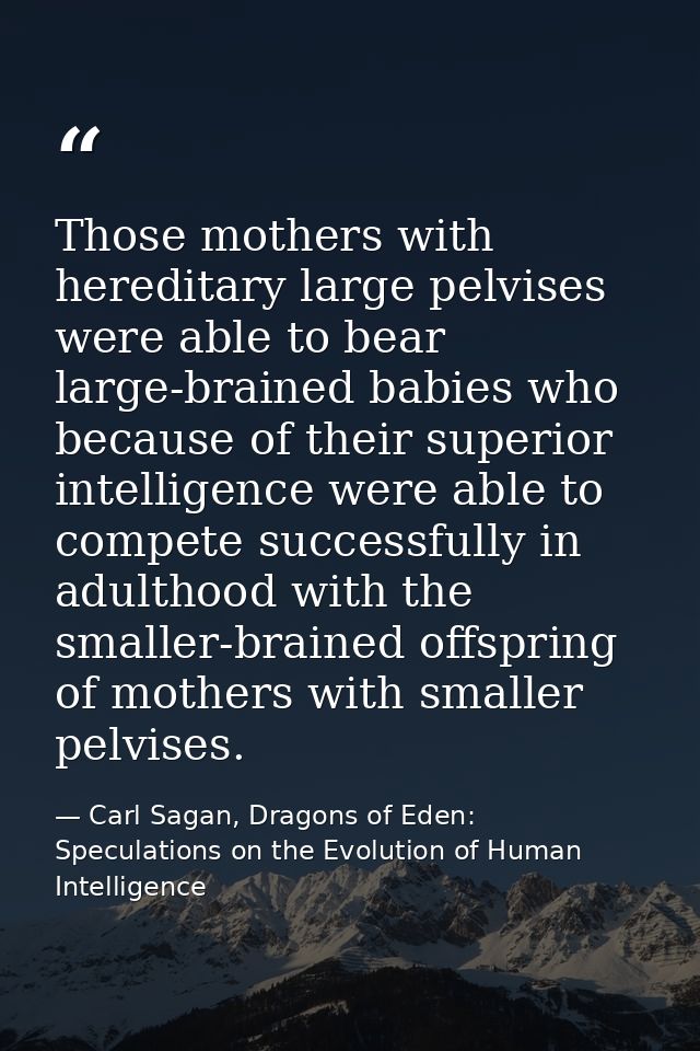 Those mothers with hereditary large pelvises were able to bear large-brained babies who because of their superior intell — Carl Sagan, Dragons of Eden: Speculations on the Evolution of Human Intelligence