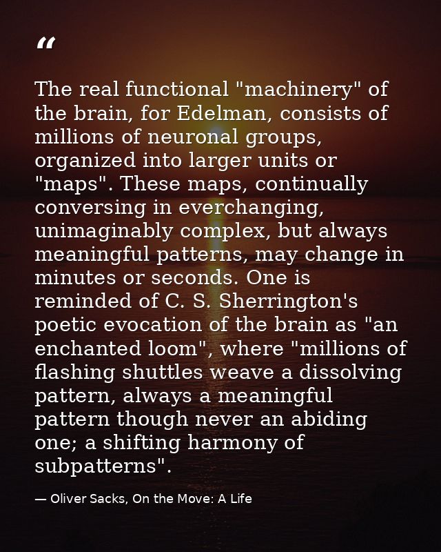 The real functional "machinery" of the brain, for Edelman, consists of millions of neuronal groups, organized into large — Oliver Sacks, On the Move: A Life