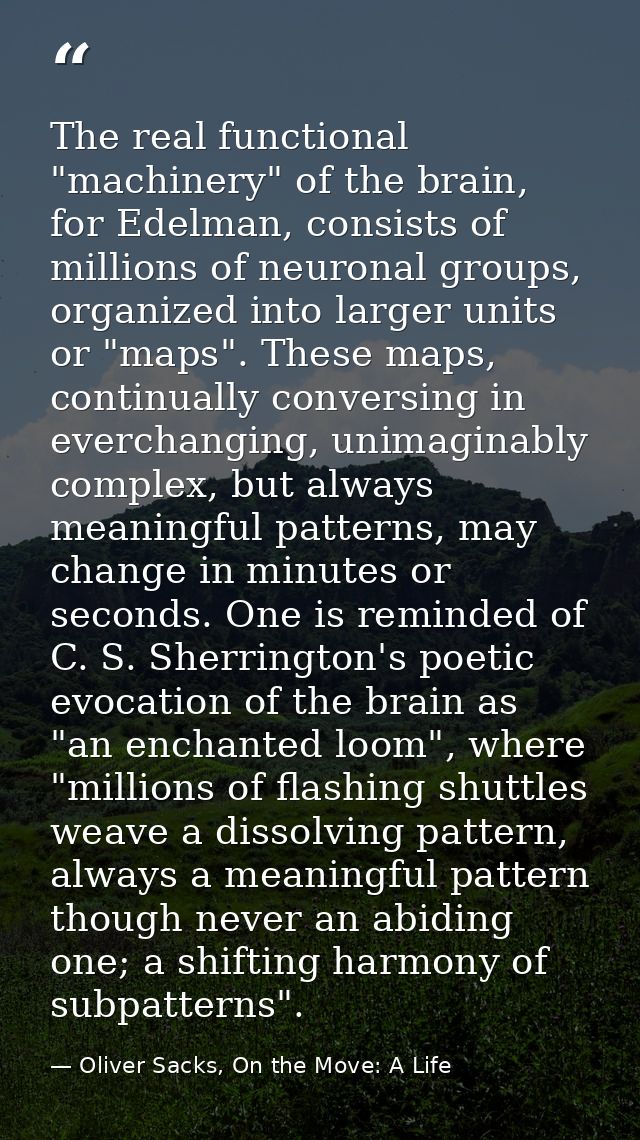 The real functional "machinery" of the brain, for Edelman, consists of millions of neuronal groups, organized into large — Oliver Sacks, On the Move: A Life