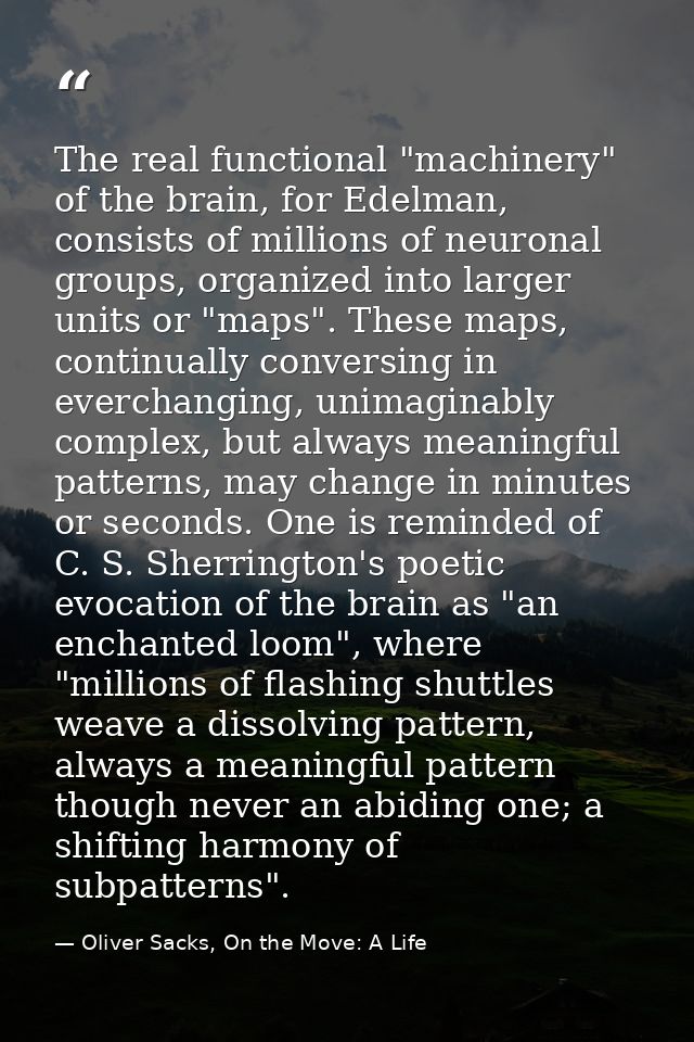 The real functional "machinery" of the brain, for Edelman, consists of millions of neuronal groups, organized into large — Oliver Sacks, On the Move: A Life