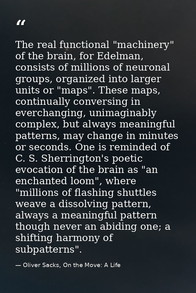 The real functional "machinery" of the brain, for Edelman, consists of millions of neuronal groups, organized into large — Oliver Sacks, On the Move: A Life