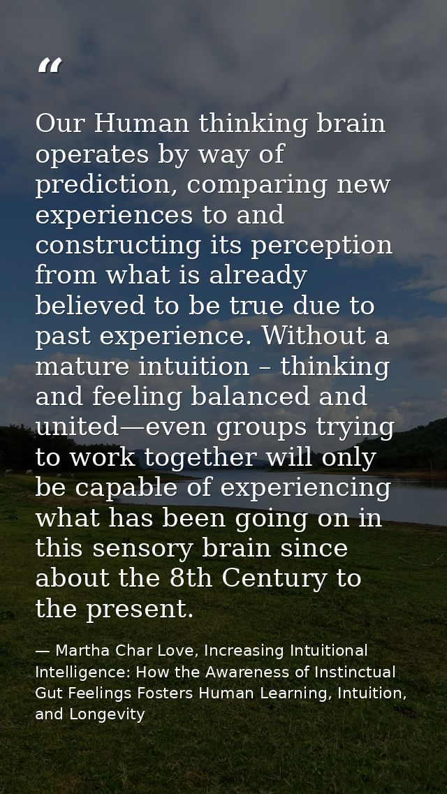 Our Human thinking brain operates by way of prediction, comparing new experiences to and constructing its perception fro — Martha Char Love, Increasing Intuitional Intelligence: How the Awareness of Instinctual Gut Feelings Fosters Human Learning, Intuition, and Longevity
