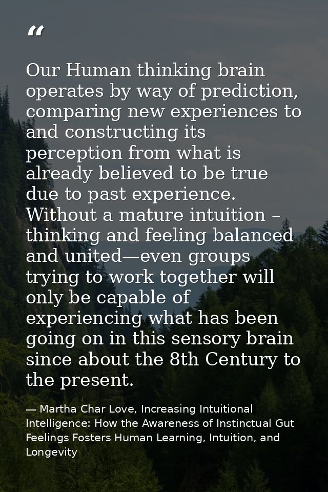 Our Human thinking brain operates by way of prediction, comparing new experiences to and constructing its perception fro — Martha Char Love, Increasing Intuitional Intelligence: How the Awareness of Instinctual Gut Feelings Fosters Human Learning, Intuition, and Longevity