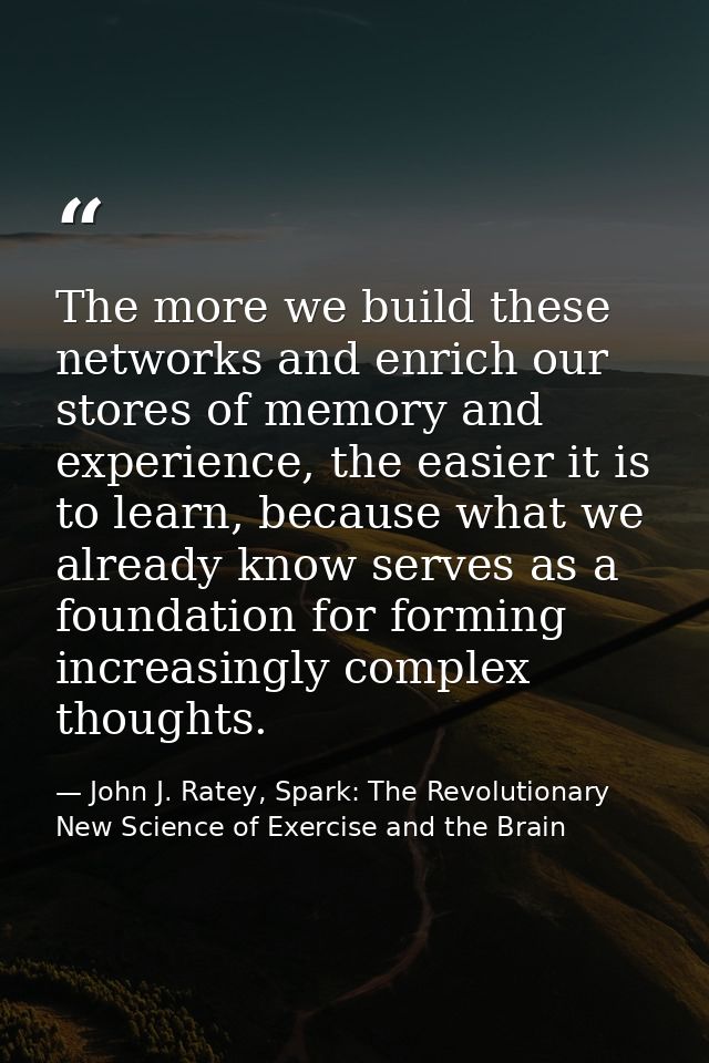 The more we build these networks and enrich our stores of memory and experience, the easier it is to learn, because what — John J. Ratey, Spark: The Revolutionary New Science of Exercise and the Brain