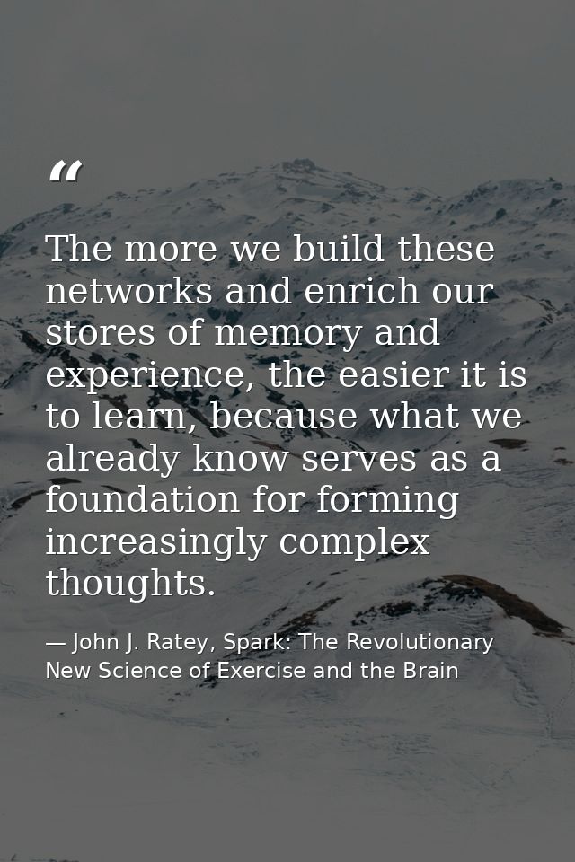 The more we build these networks and enrich our stores of memory and experience, the easier it is to learn, because what — John J. Ratey, Spark: The Revolutionary New Science of Exercise and the Brain