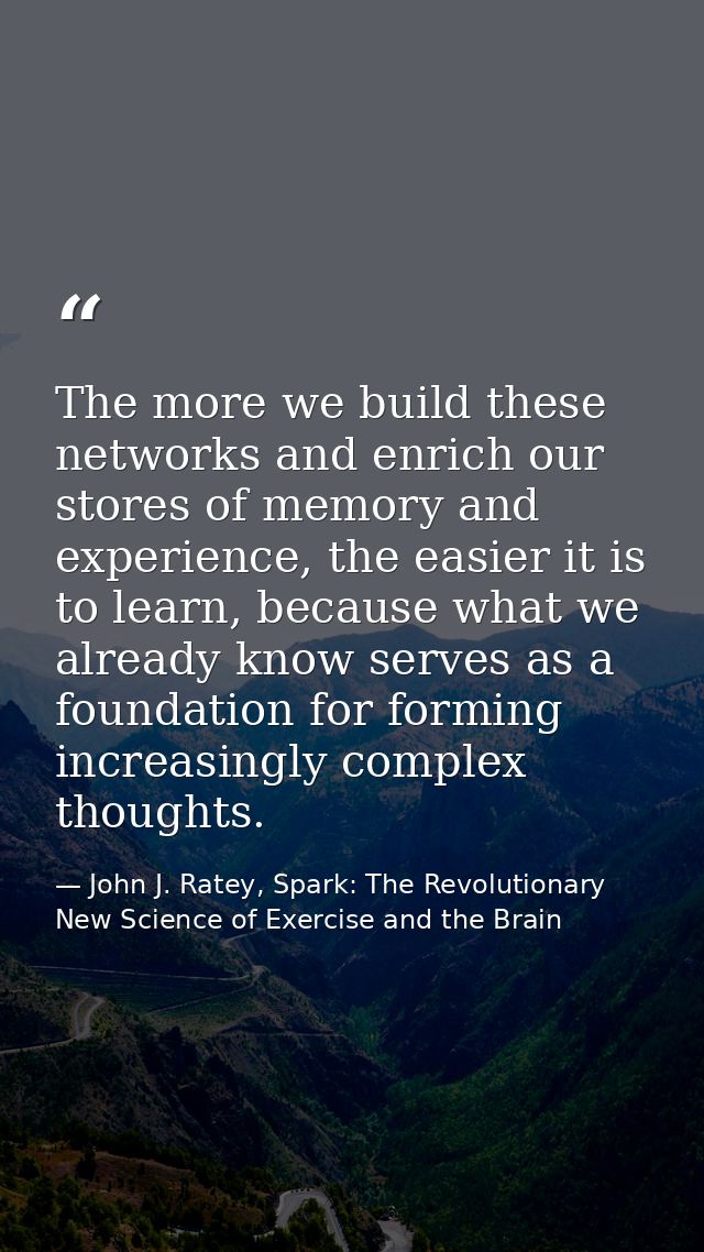The more we build these networks and enrich our stores of memory and experience, the easier it is to learn, because what — John J. Ratey, Spark: The Revolutionary New Science of Exercise and the Brain