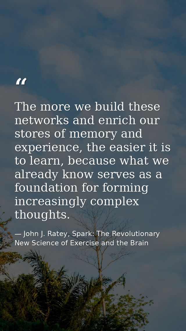 The more we build these networks and enrich our stores of memory and experience, the easier it is to learn, because what — John J. Ratey, Spark: The Revolutionary New Science of Exercise and the Brain