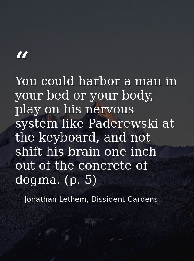 You could harbor a man in your bed or your body, play on his nervous system like Paderewski at the keyboard, and not shi — Jonathan Lethem, Dissident Gardens