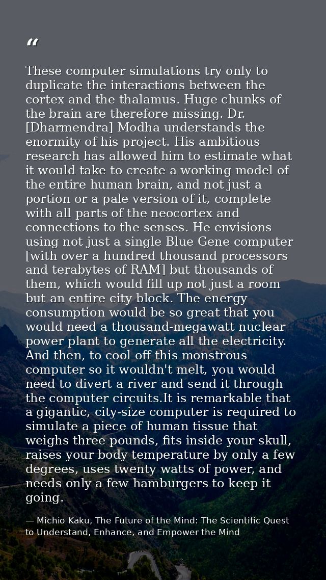 These computer simulations try only to duplicate the interactions between the cortex and the thalamus. Huge chunks of th — Michio Kaku, The Future of the Mind: The Scientific Quest to Understand, Enhance, and Empower the Mind