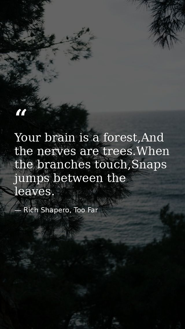 Your brain is a forest,And the nerves are trees.When the branches touch,Snaps jumps between the leaves. — Rich Shapero, Too Far