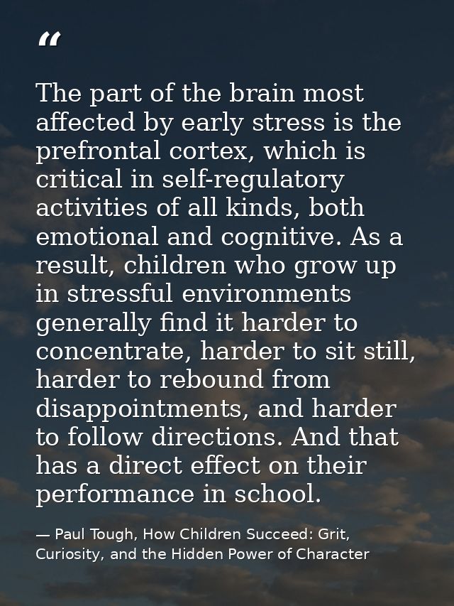 The part of the brain most affected by early stress is the prefrontal cortex, which is critical in self-regulatory activ — Paul Tough, How Children Succeed: Grit, Curiosity, and the Hidden Power of Character