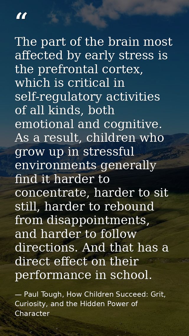 The part of the brain most affected by early stress is the prefrontal cortex, which is critical in self-regulatory activ — Paul Tough, How Children Succeed: Grit, Curiosity, and the Hidden Power of Character