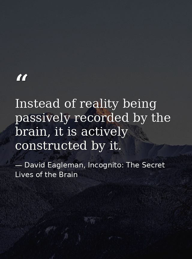 Instead of reality being passively recorded by the brain, it is actively constructed by it. — David Eagleman, Incognito: The Secret Lives of the Brain