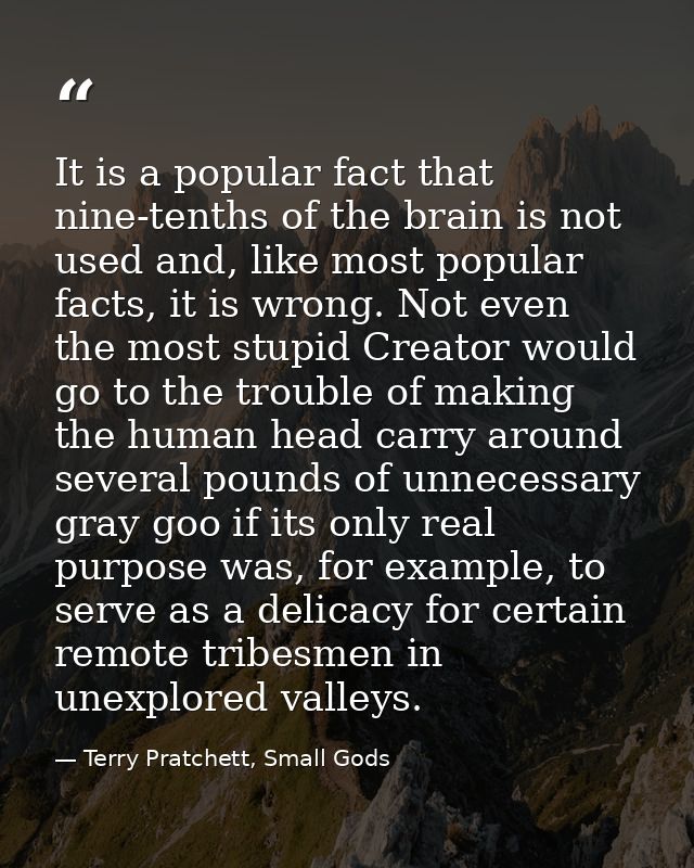 It is a popular fact that nine-tenths of the brain is not used and, like most popular facts, it is wrong. Not even the m — Terry Pratchett, Small Gods